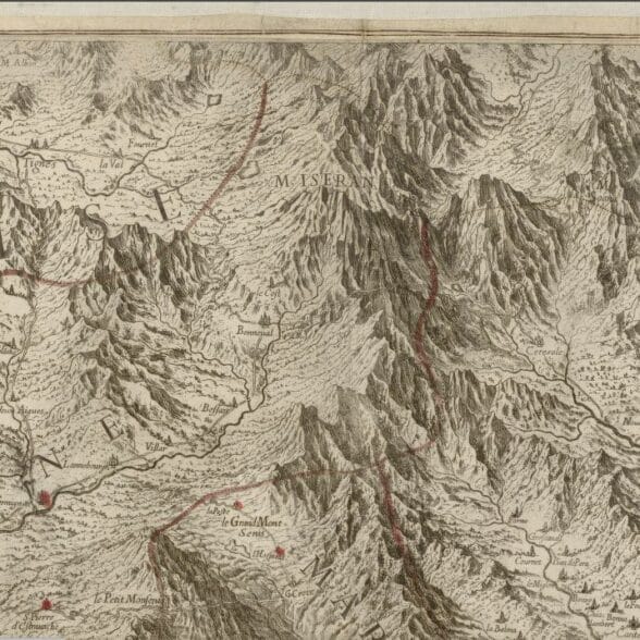 Carte d'Etat major de 1680 qui indique un "Mont Iseran" à plus de 4000 mètres d'altitude au-dessus de Bonneval sur Arc