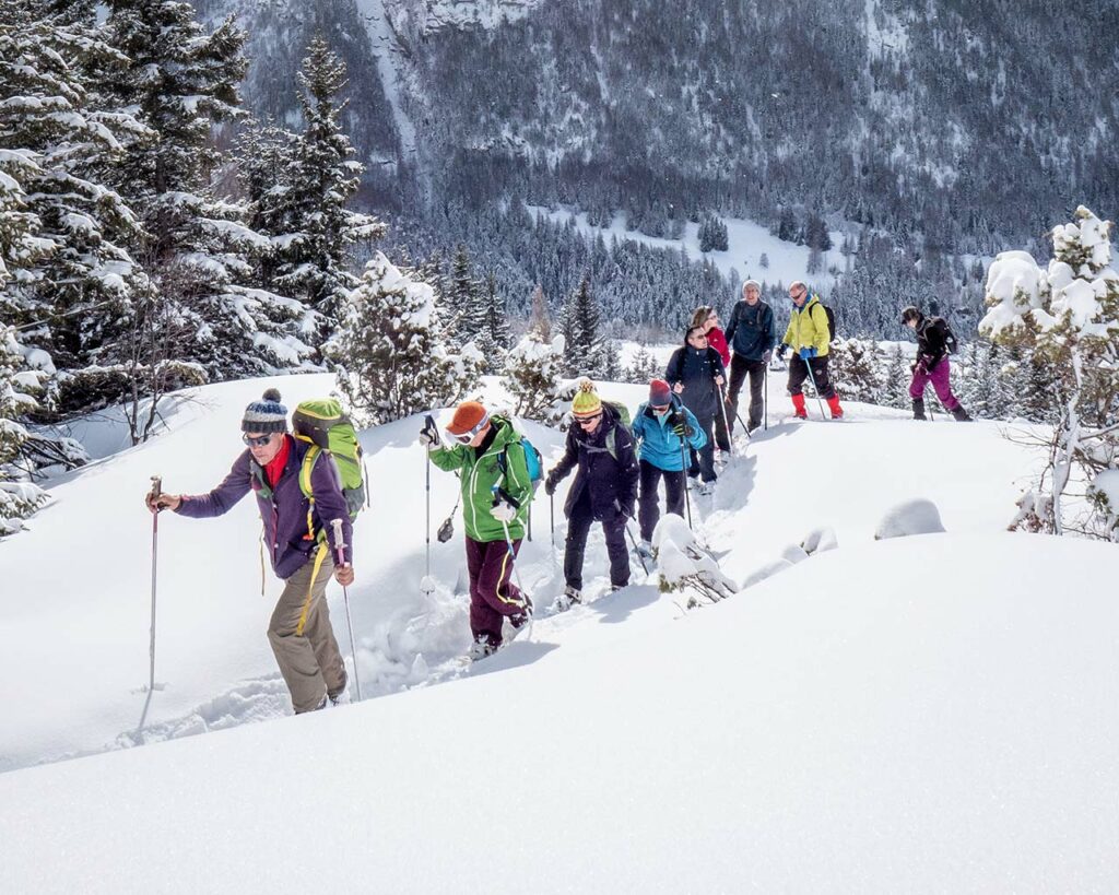 To make the most of the wild mountains, hire a guide for your snowshoe outings.