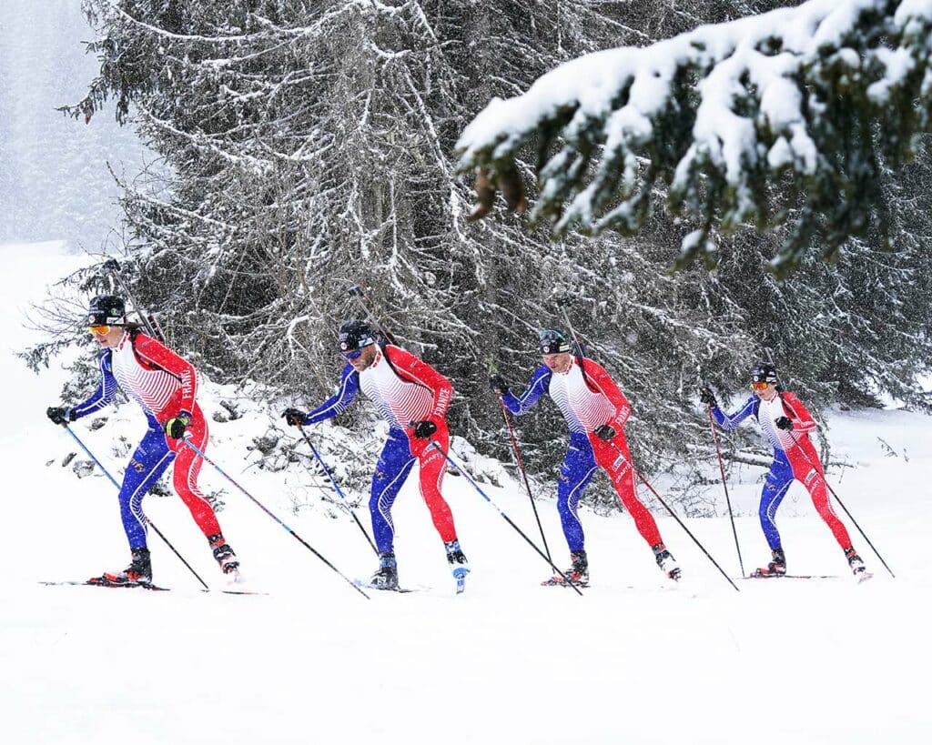 Athletes of the French biathlon team under the snow